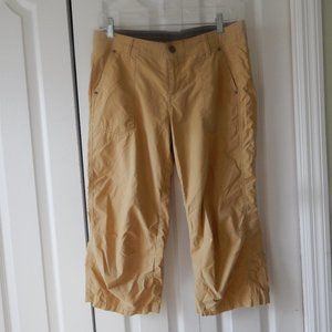 KUHL WOMENS SIZE 10 HIKING CAPRIS, FLORAL EMBROIDERY ON BACK, ADJUSTABLE WAIST.